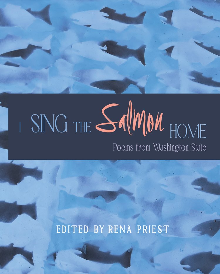 The book cover of "I sing the Salmon Home" has a stylistic cover of salmon patterns.