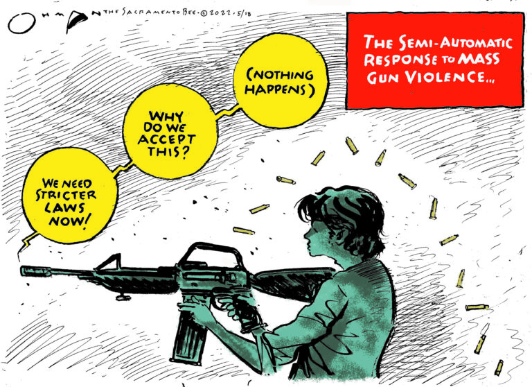 A comic strip with a young person holding a gun.