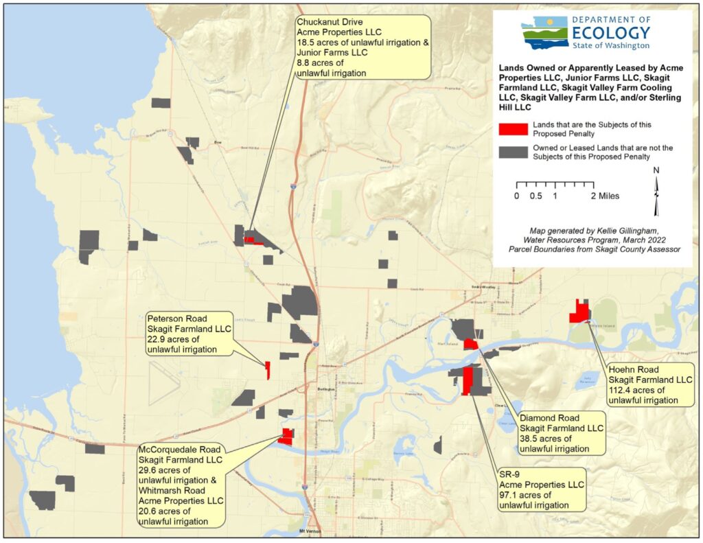 A map graphic showing the 300 unpermitted acres of irrigation at the Skagit Valley Farms.