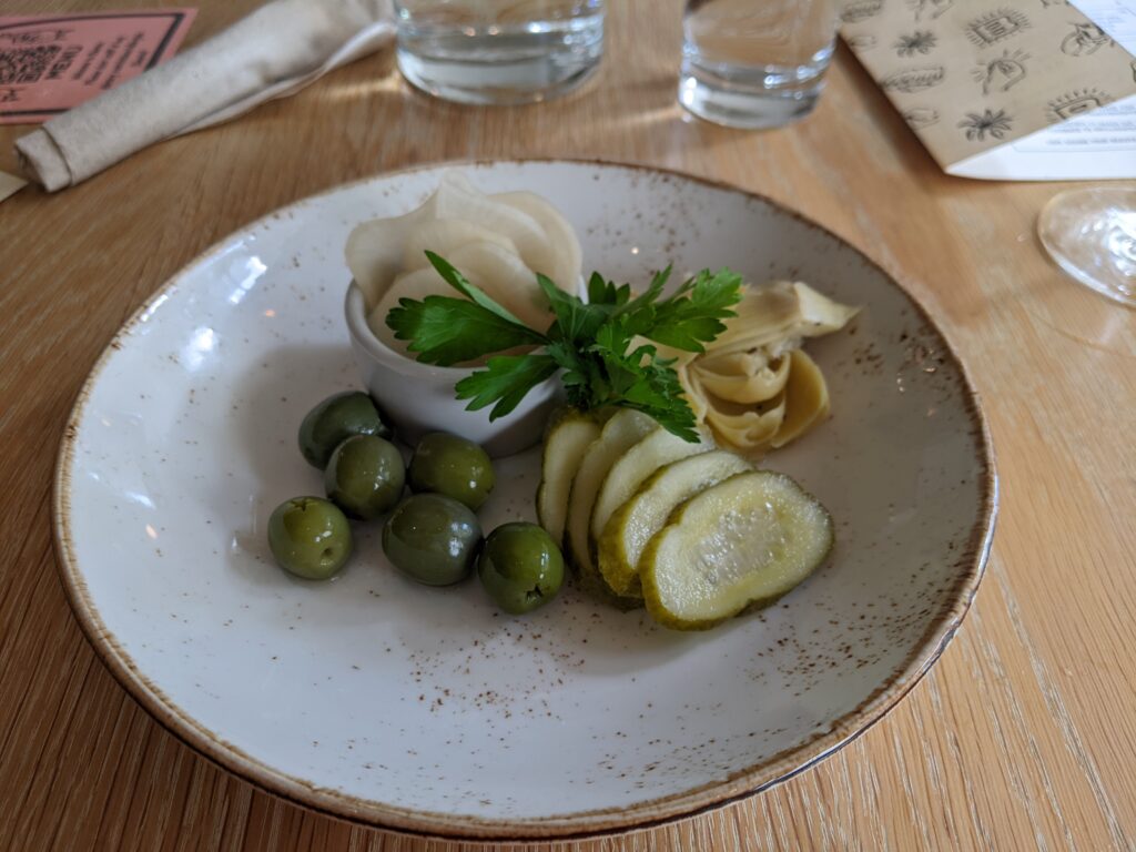 At Bantam After Hours, an assortment of house pickles called Shenanigans.