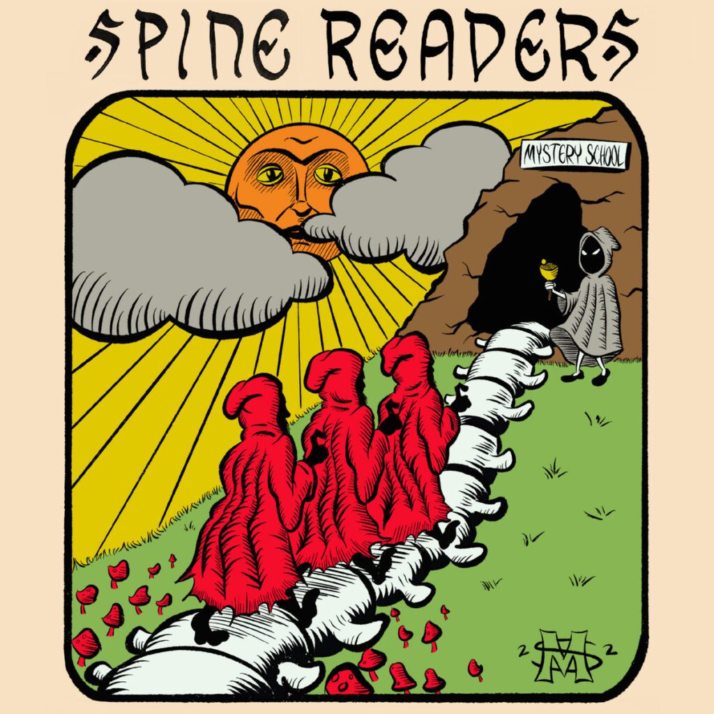 Spine Readers’ “Mystery School” song cover shows a line of red hooded figures walk along a spine into a cave.