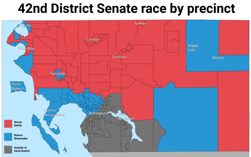 A map graphic of the 42nd District Senate race by precinct.