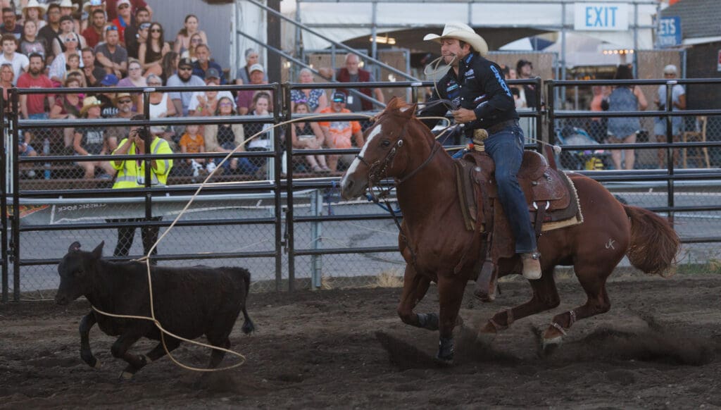 Ty Harris gets a rope around a calf while on top of a horse himself.