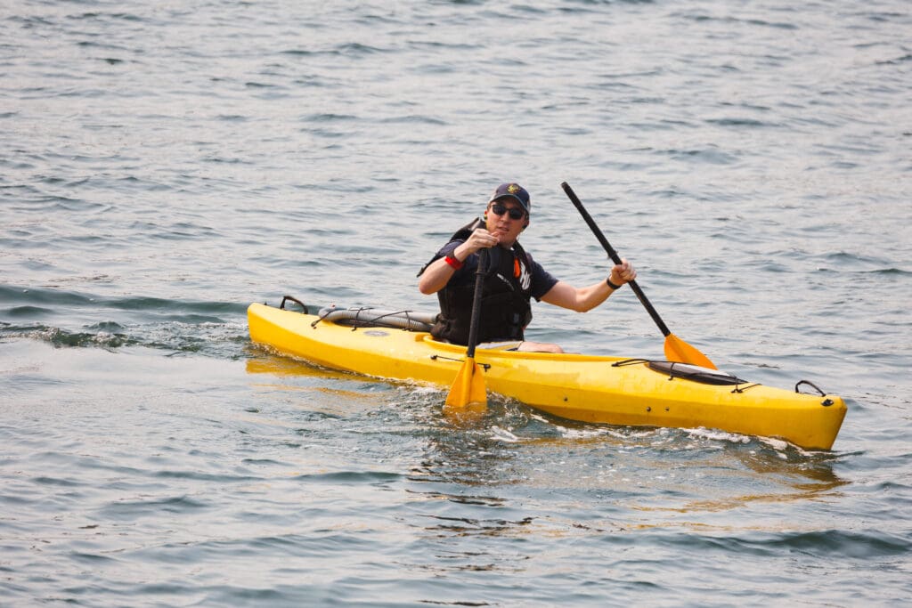 A paddler reacts as his paddle breaks in half.