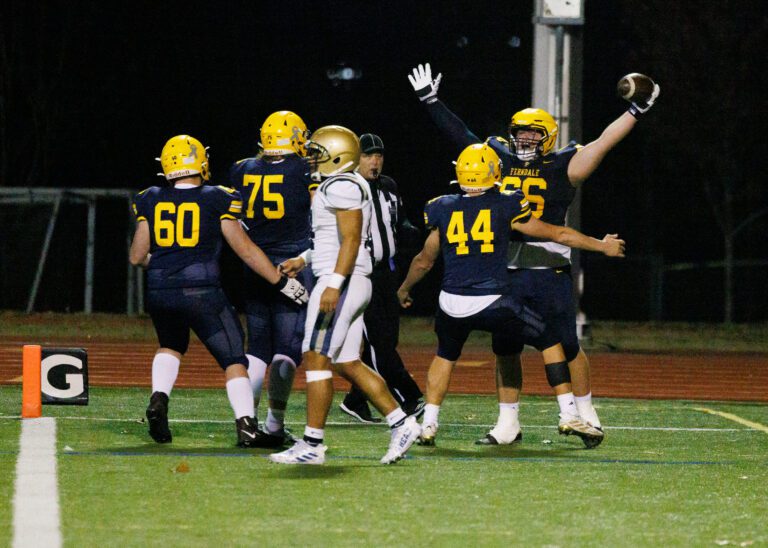 Ferndale's Landen Hatchett celebrates with his arms in the air while holding the ball as his teammates rush over to celebrate with him.