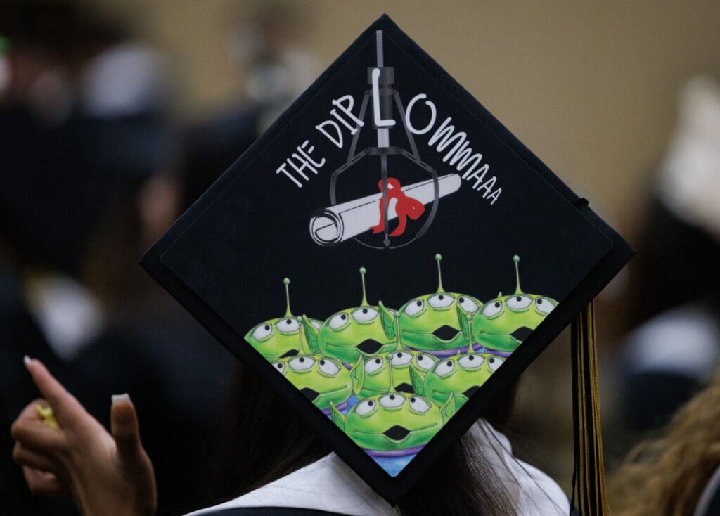 Meridian High graduates decorated their mortarboards for the ceremony.