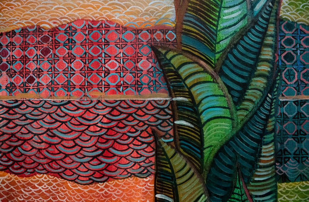 A detail of Alfredo Arreguín's "Caletilla" (1976) shows different designed patterns of varying colors.