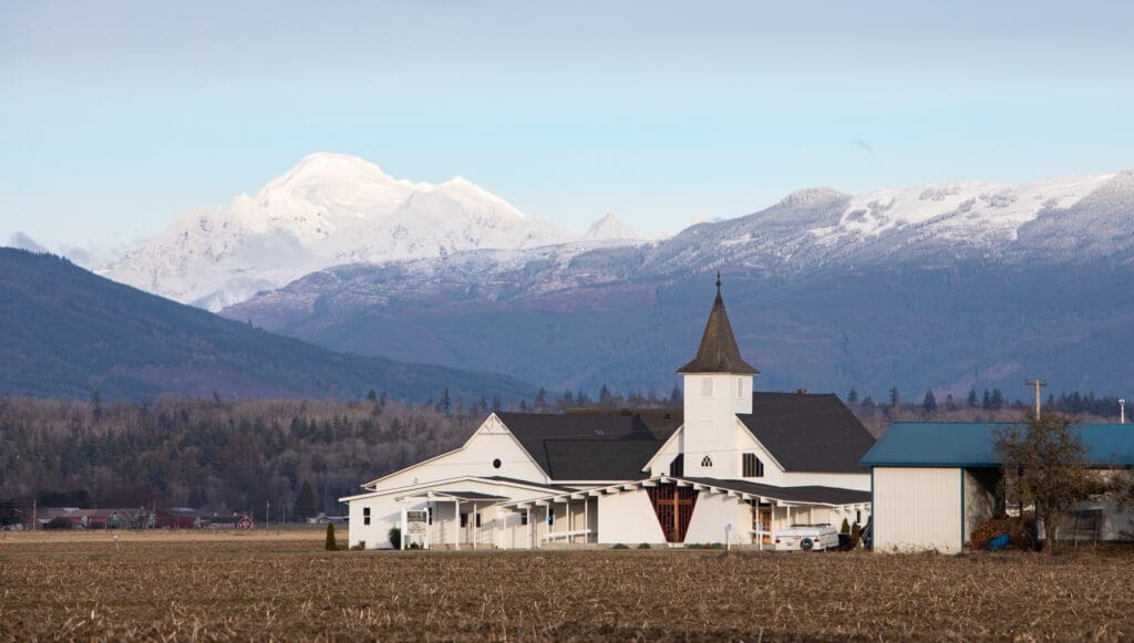 Mount Baker looms behind Edison Lutheran Church Feb. 8.