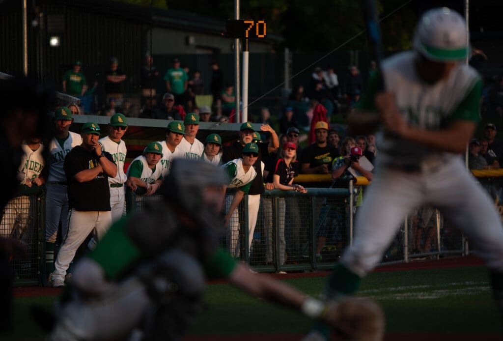 The Lions watch their teammate's at-bat from the sidelines as they lean against the barrier.