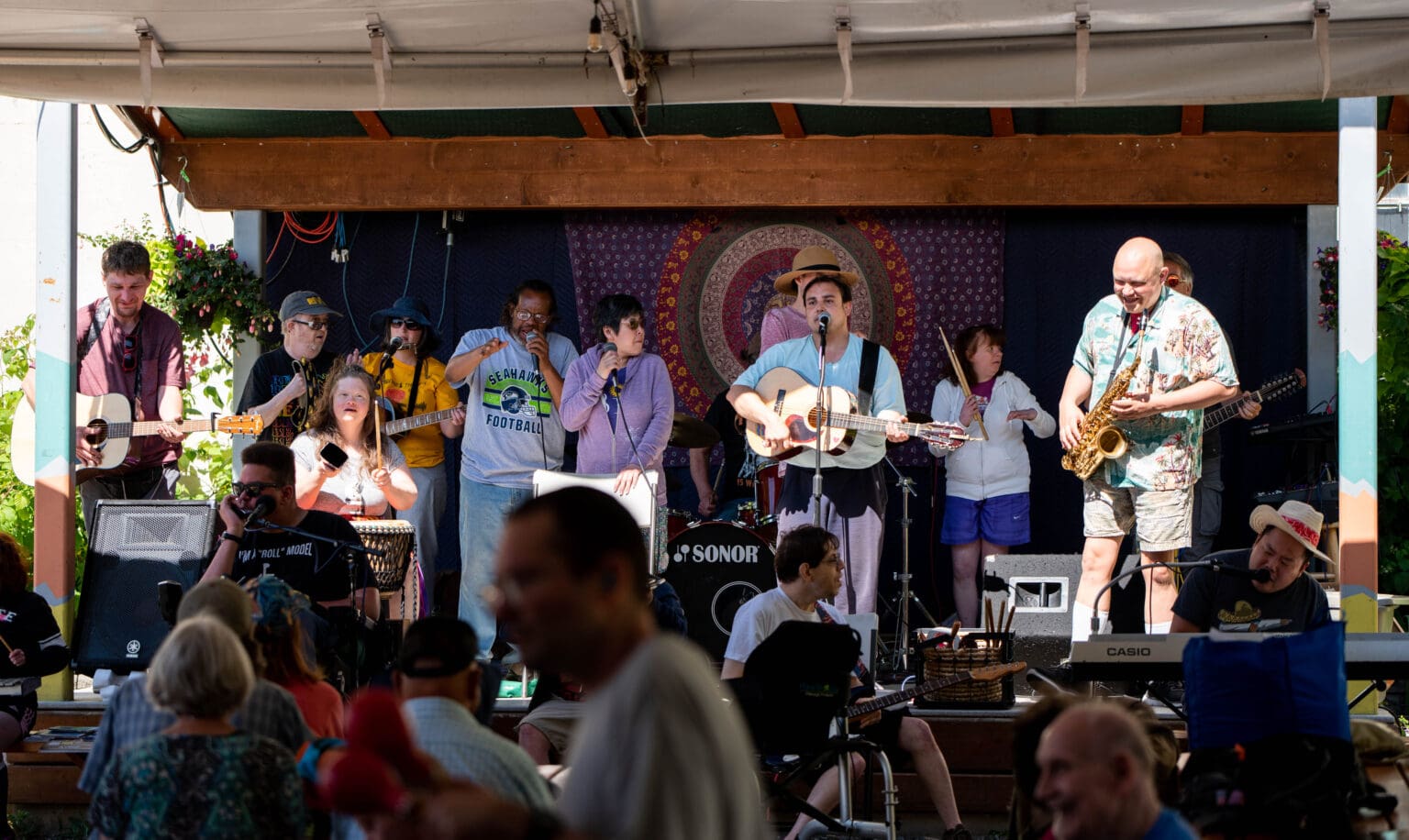 Out of the Ashes a rotating cast of developmentally disabled musicians performs on stage with their respective instruments.