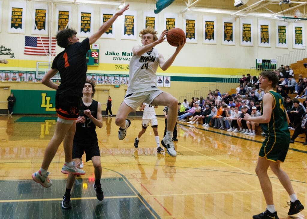 Meridian’s Hunter Jones leaps for a layup.