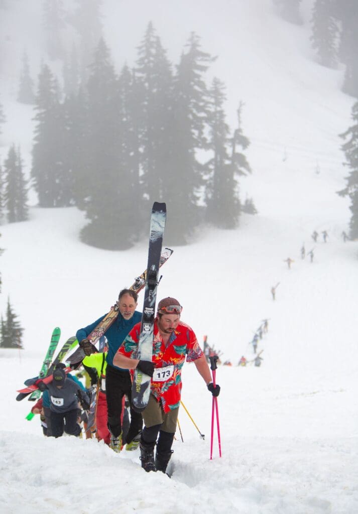 Brandon Lee from Team Jake lead the group of competitors up the snowy mountain.