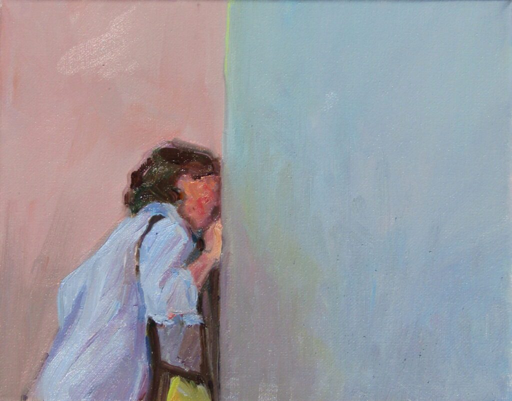 “Peeking” painting shows a person peeking over the corner.