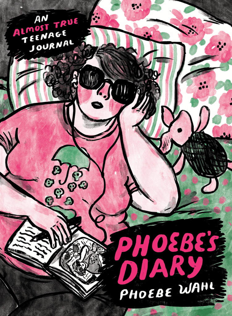 The book cover of Phoebe's Diary shows a very stylized illustration of Phoebe listening to music on the bed while wearing sunglasses.