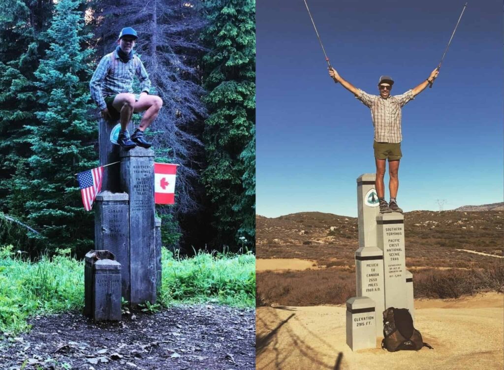 Charles Claassen on top of stone pillars at the beginning of his journey along the Pacific Crest Trail at the Canadian border, left, and at the end at the Mexican border with his walking sticks in the air.