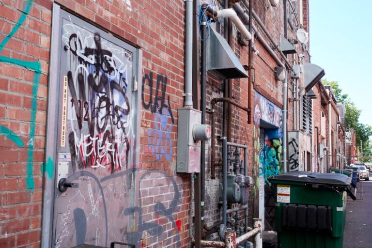 Graffiti cover brick walls and doors behind buildings.