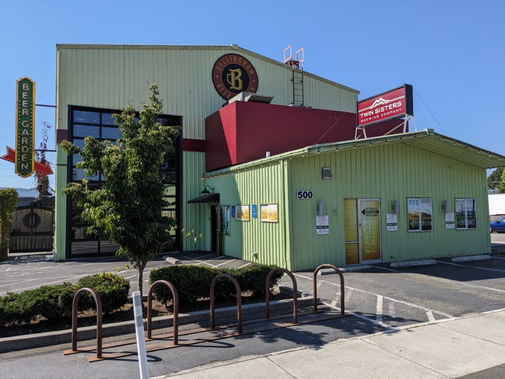 Twin Sisters Brewing Company, a bright green building, at 500 Carolina St. in Bellingham's Sunnyland neighborhood.