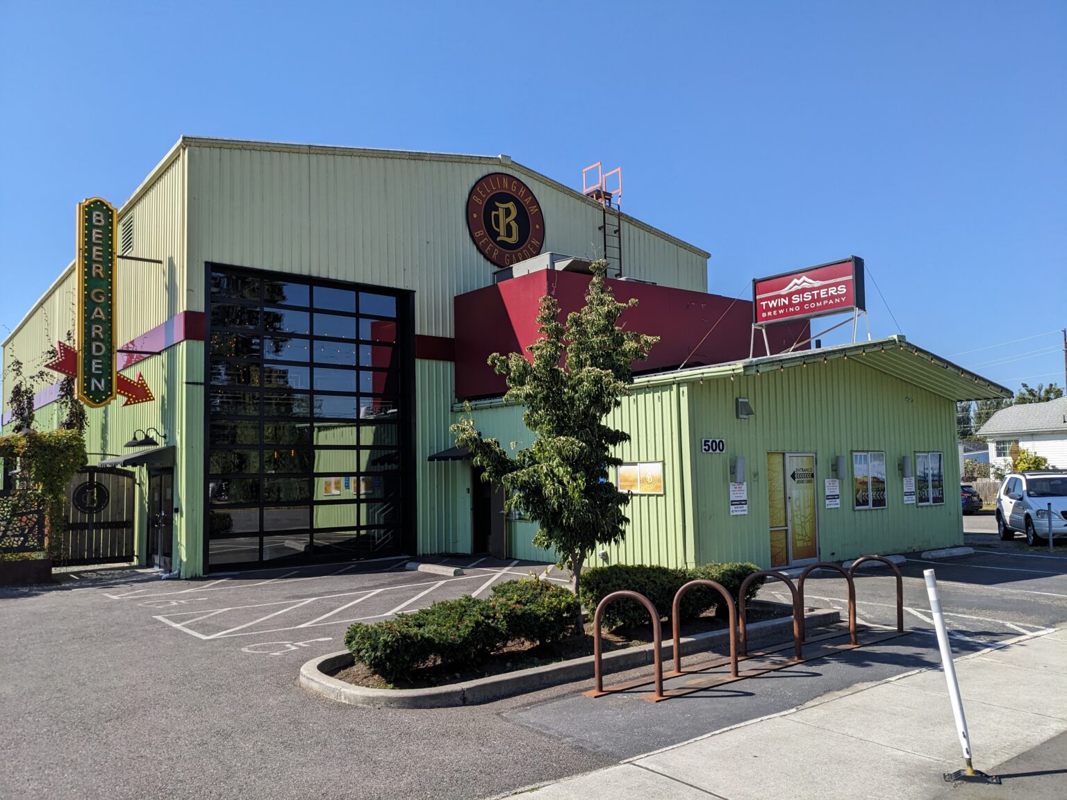 Part of the Twin Sisters Brewing Company complex is connected to a beer garden.