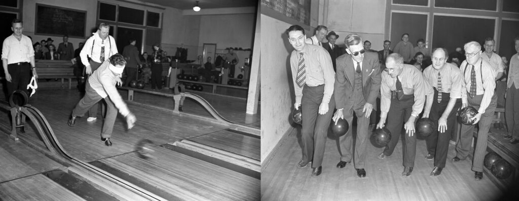 Two black and white photographs show blind men in suits bowling. Sighted bowlers are wearing blindfolds.