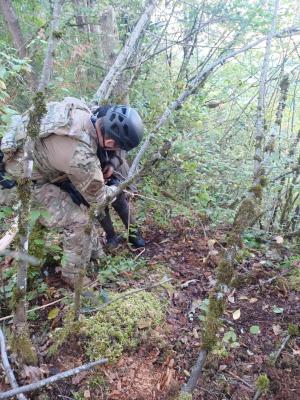 Blaine Sector Border Patrol pulling a rope to help pull up people from the dense forestry.