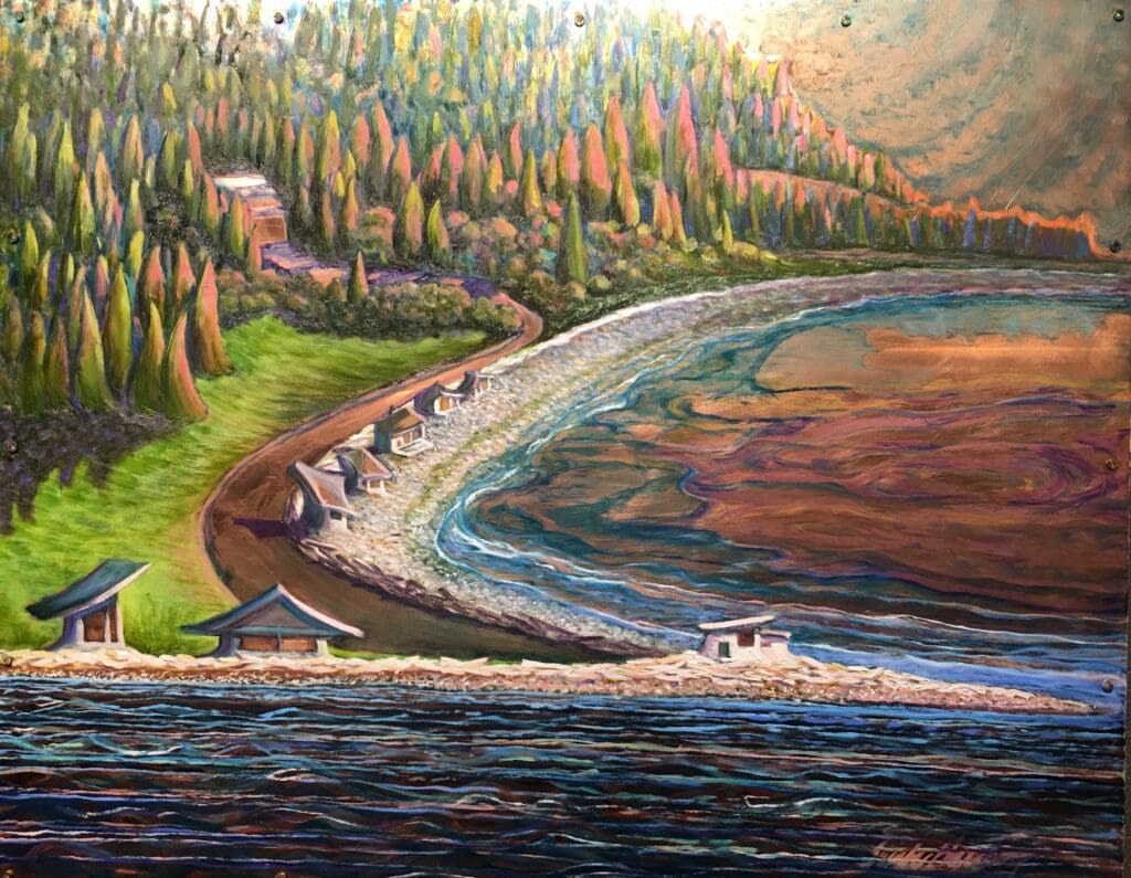 "Lane Spit" is one of the paintings Trish Harding created that focuses on colorful oil-like scene of the shoreline next to dense forestry.