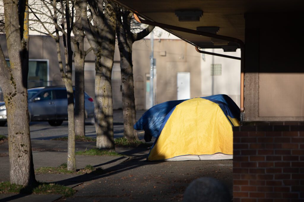 A yellow tent next to a blue tarp is set up on the sidewalks next to trees.