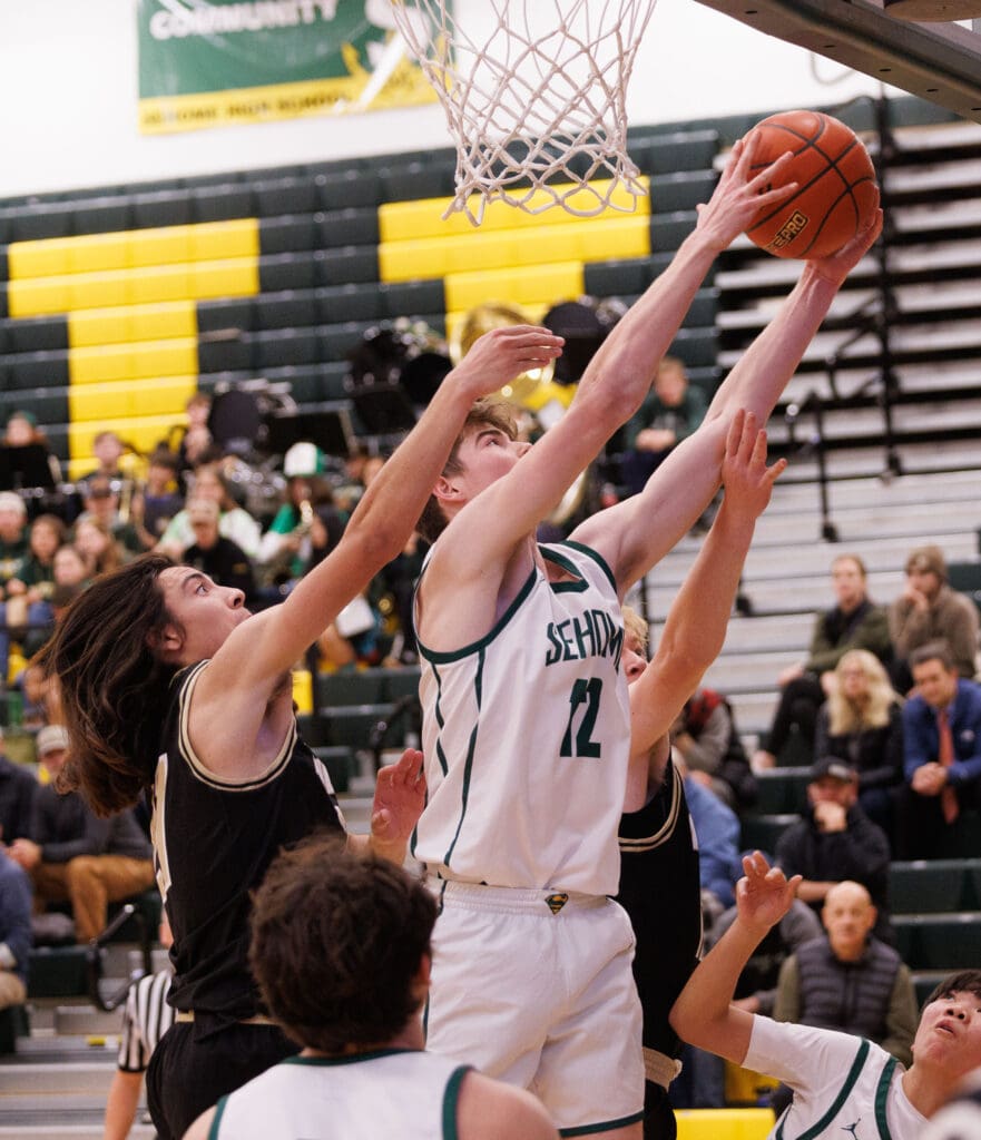 Sehome's Braddock Duckworth grabs a rebound against Meridian.