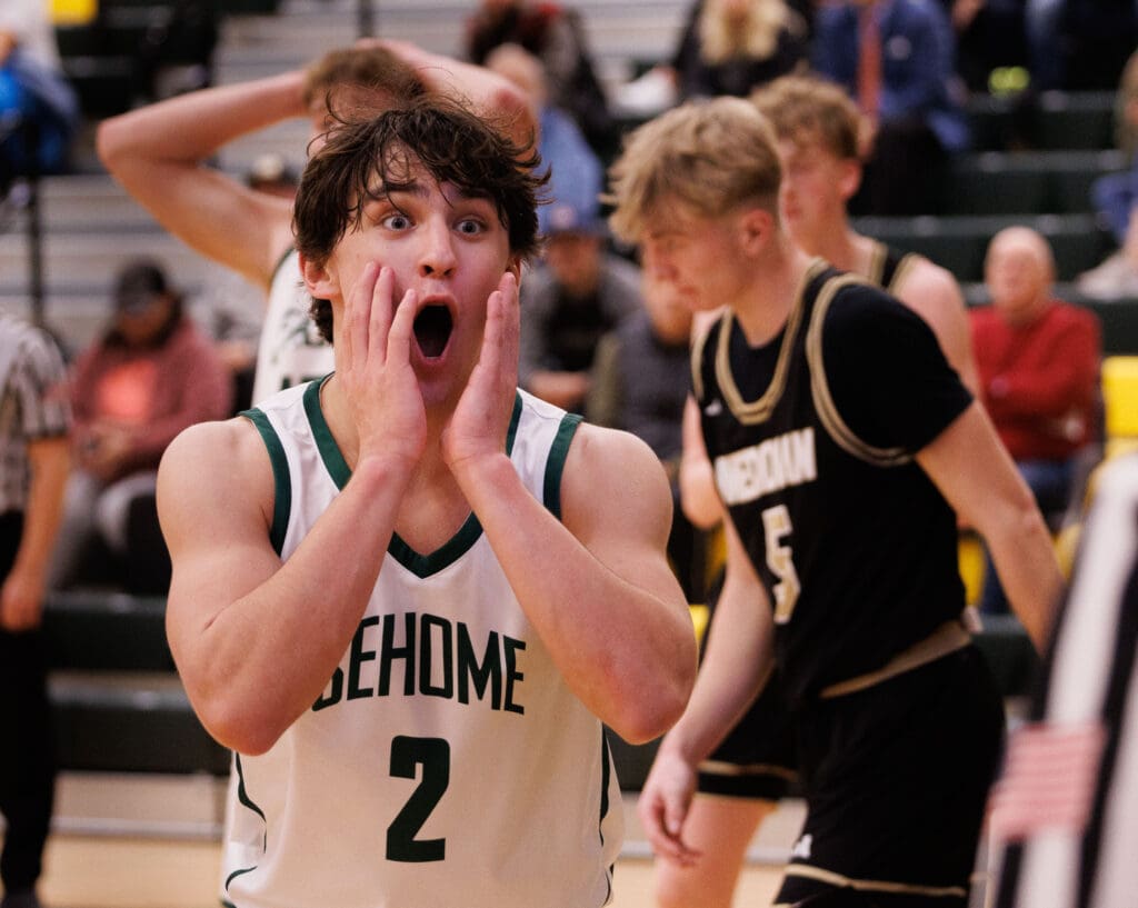 Sehome’s Nolan Wright reacts to being called for the foul against Meridian.