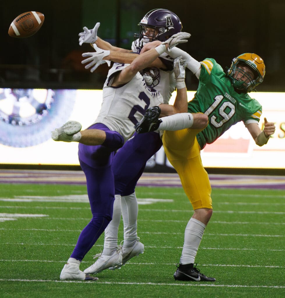 Anacortes junior Brady Beaner and Cooper Barton break up as pass intended for Tumwater's Ethan Kastner in the fourth quarter.