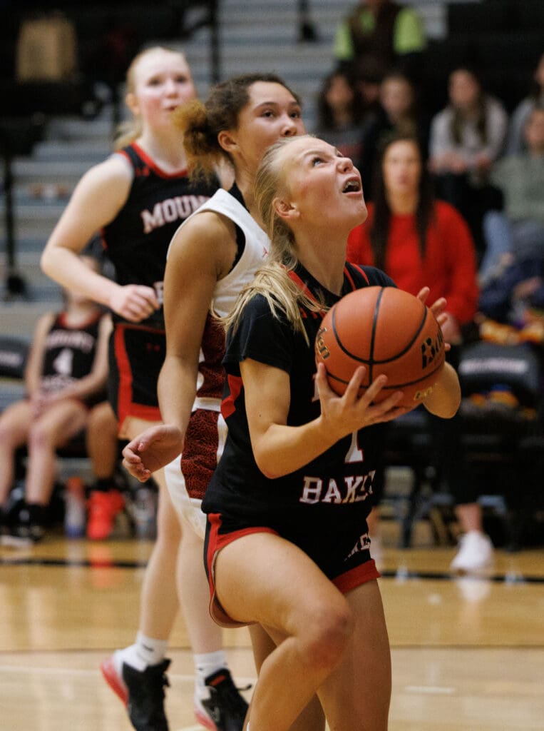 Mount Baker’s Natalie Van Liew looks for the basket during a layup.