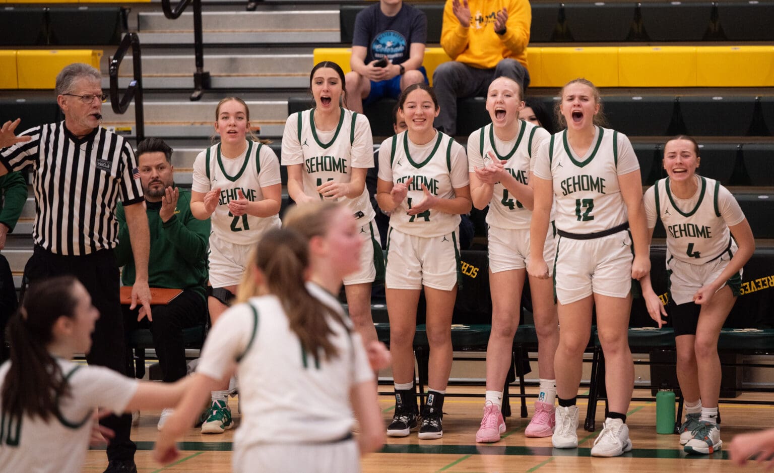 Sehome's bench cheers from the sidelines as they cheer and clap as a result of a shot.