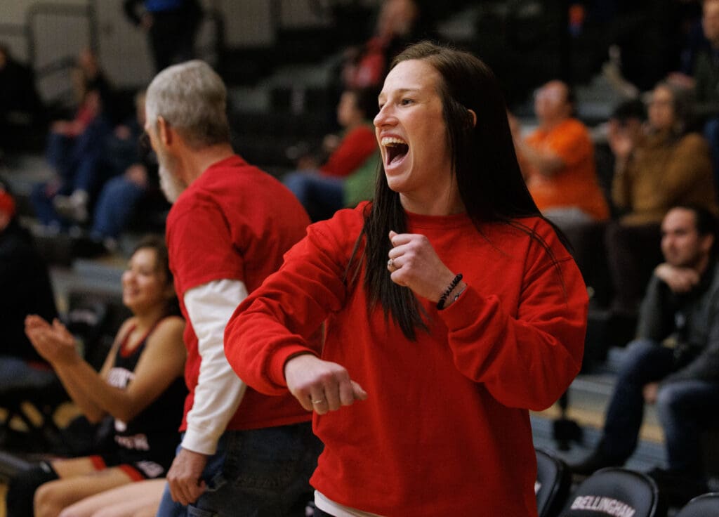 Mount Baker head coach Tiffany Ramirez celebrates as the Mountaineers take the lead in the final minute.