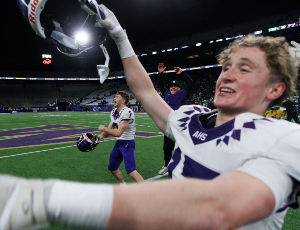 Anacortes players celebrate after beating Tumwater.