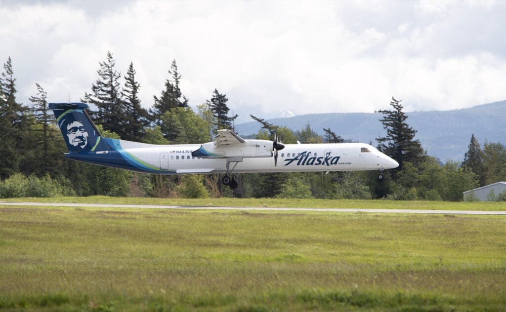 An Alaska Airlines plane takes off at Bellingham International Airport next to flat grassy fields.