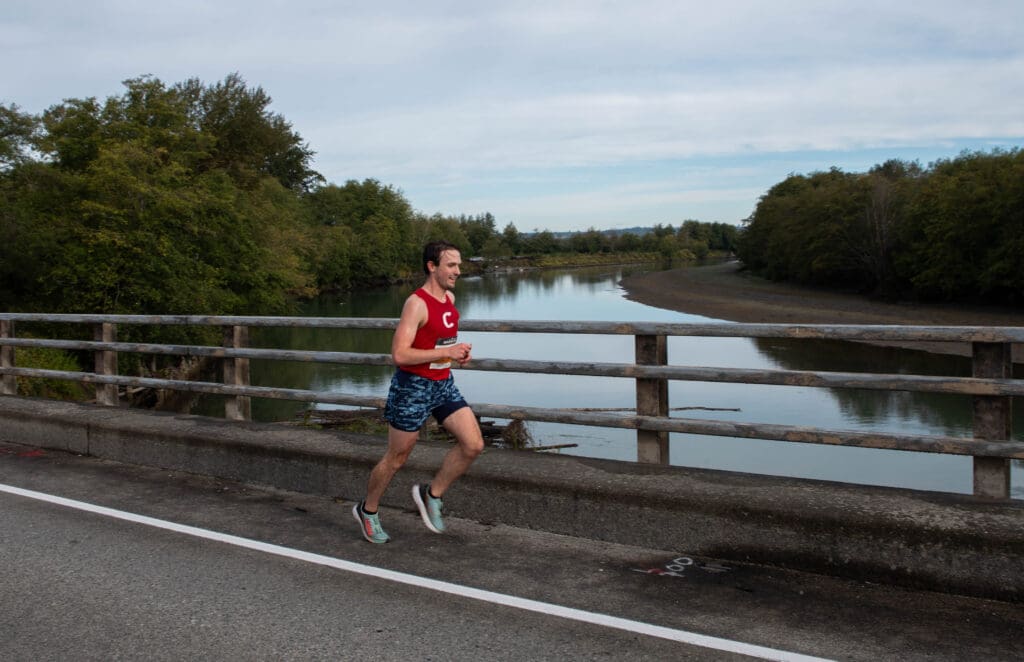 Riley Harris crosses the Nooksack River.