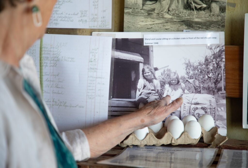 Louise DeVries points to a vintage photo of herself on Willetta Farm in the 1950s propped up behind a carton of eggs.