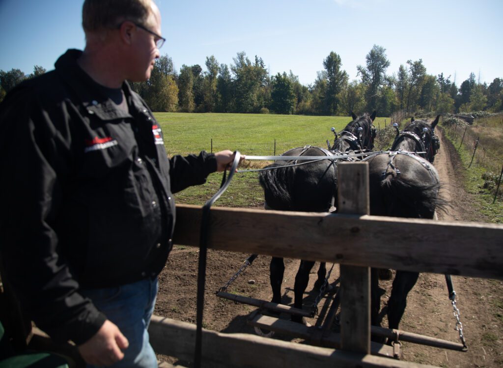 Tim Cramer steers Ryp and Ramsey on a wagon ride that tours around Willetta Farm.