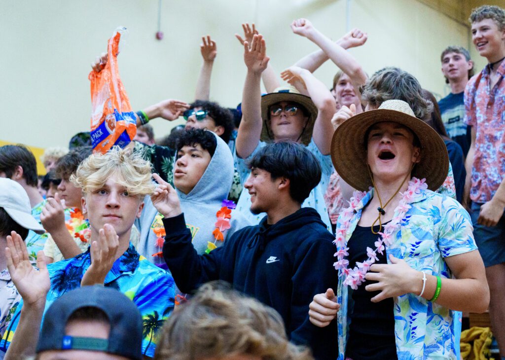 The crowd cheers while wearing flower necklaces and hawaiian shirts.