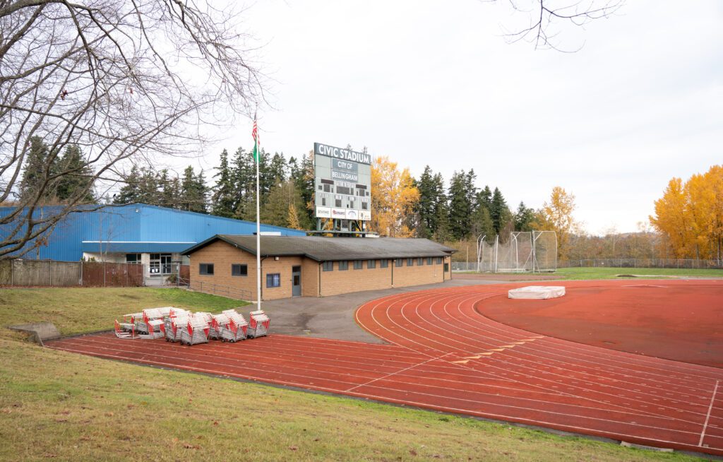 Civic Field Sports Field lockerroom next to the red track field where hurdlers are kept.