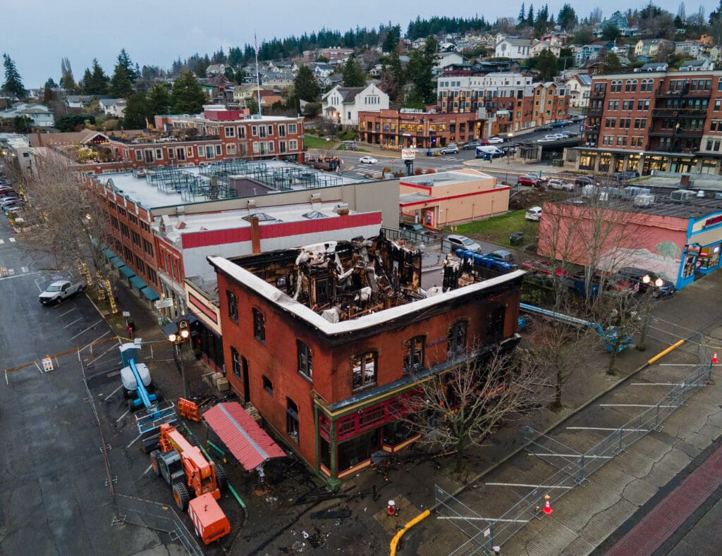 The Terminal Building in Fairhaven from an aerial view has most of it's roof burnt down.