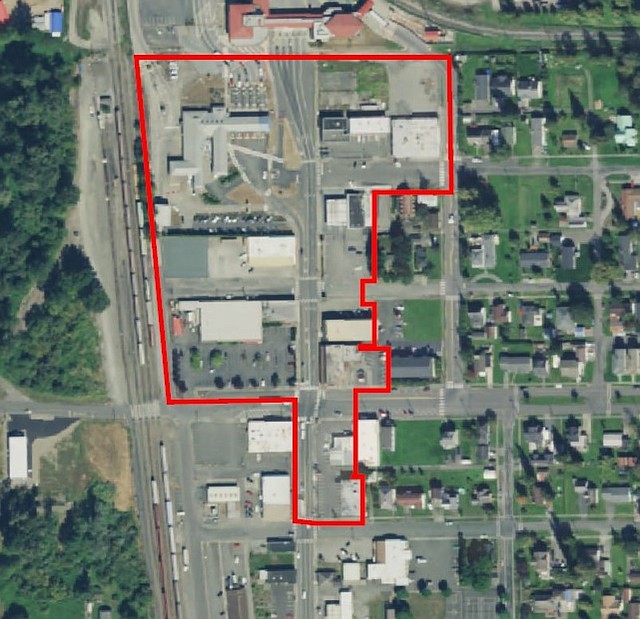 An aerial view of the red outline for the proposed project area for the Sumas land port.