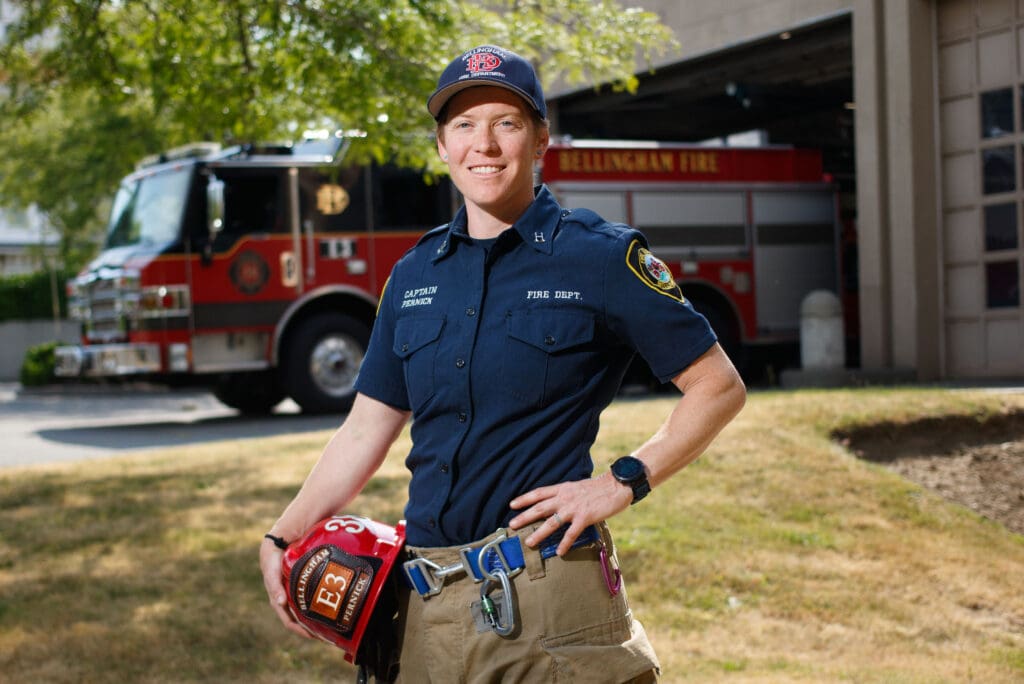 Sarah PernickSarah Pernick, the first female Fire Captain in the Bellingham Fire Department, stands outside Fire Station.