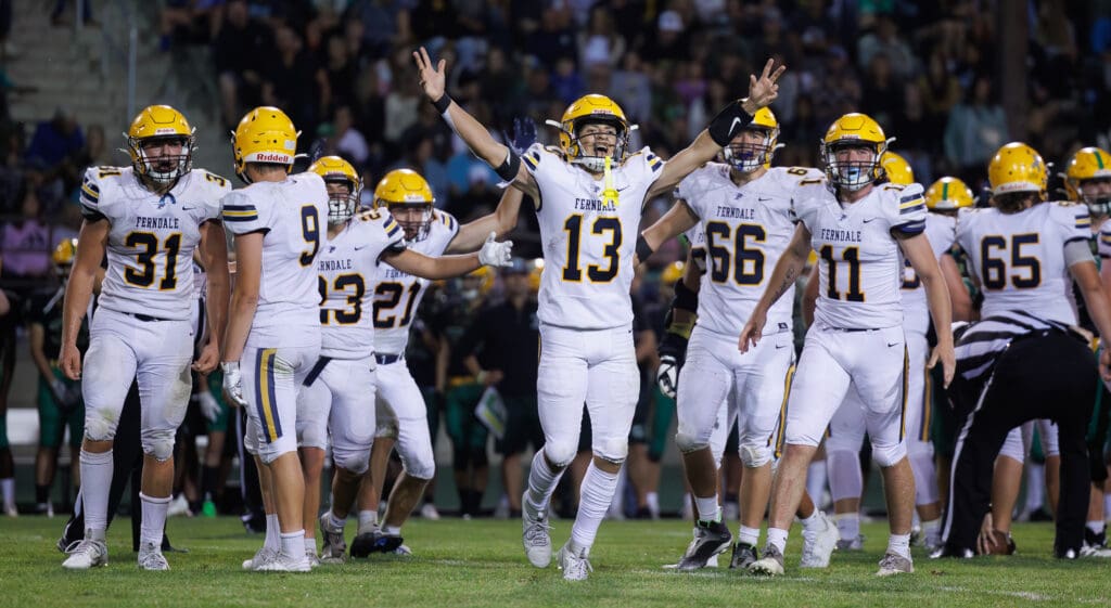 Ferndale’s Bishop Ootsey (13) celebrates with his teammates.