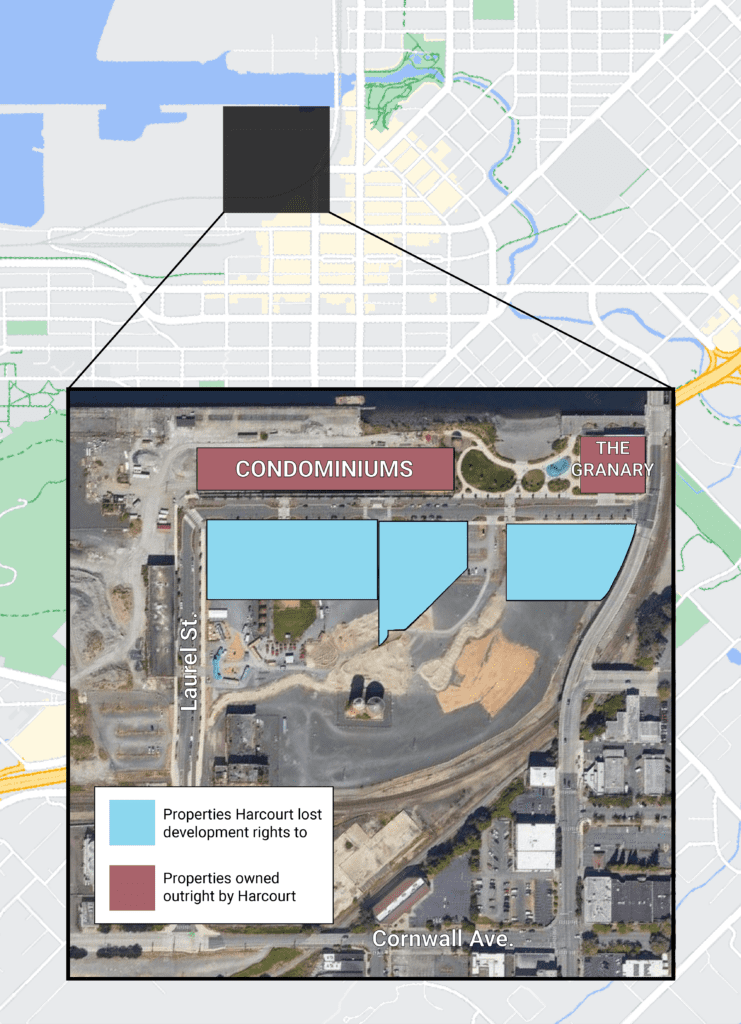 A top down photo of a map of the proposed condominiums and properties Harcourt had lost.