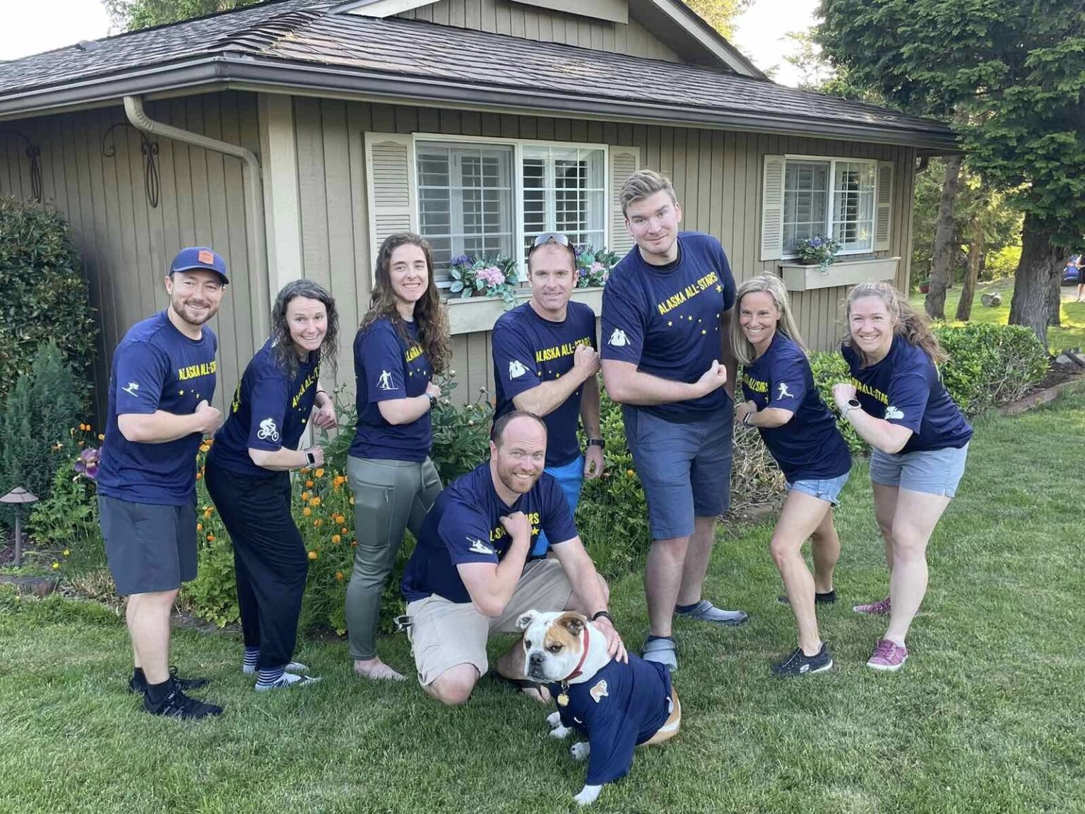 From left, Vince Stewart, Jan Rogers, Charlotte Weston, Mason Weston, Paul Owens, Anne Morrison, Jackie Klecka, Rob Schroeter (kneeling), and Buster, the dog.