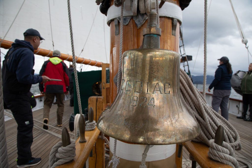 The dinner bell is one of the few original pieces of the schooner Zodiac.