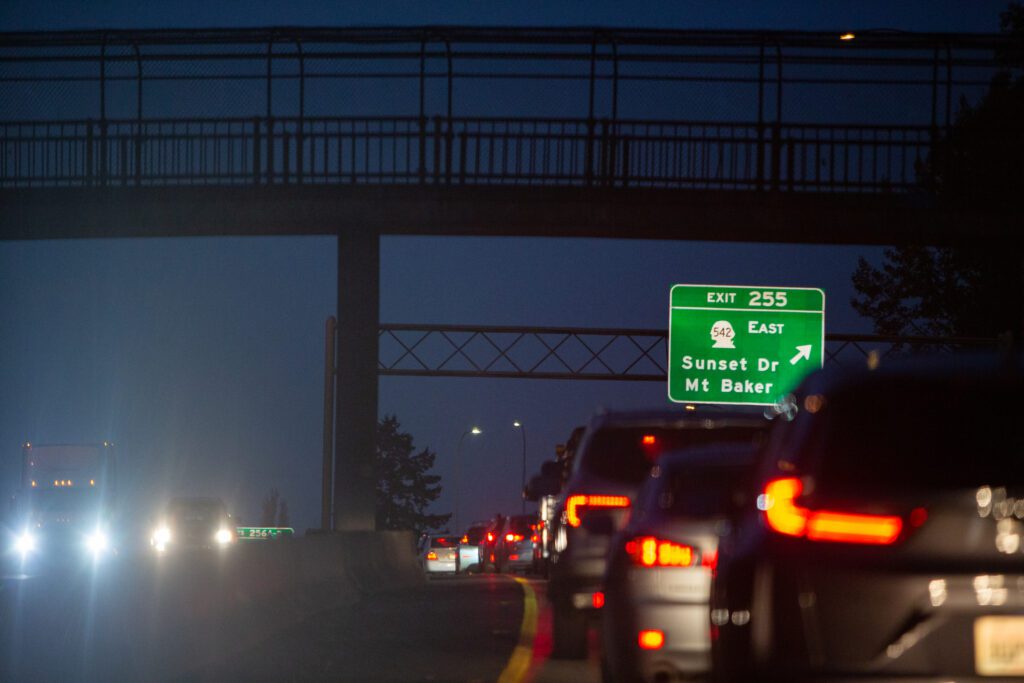 Cars head north on Interstate 5 but get stuck in traffic.