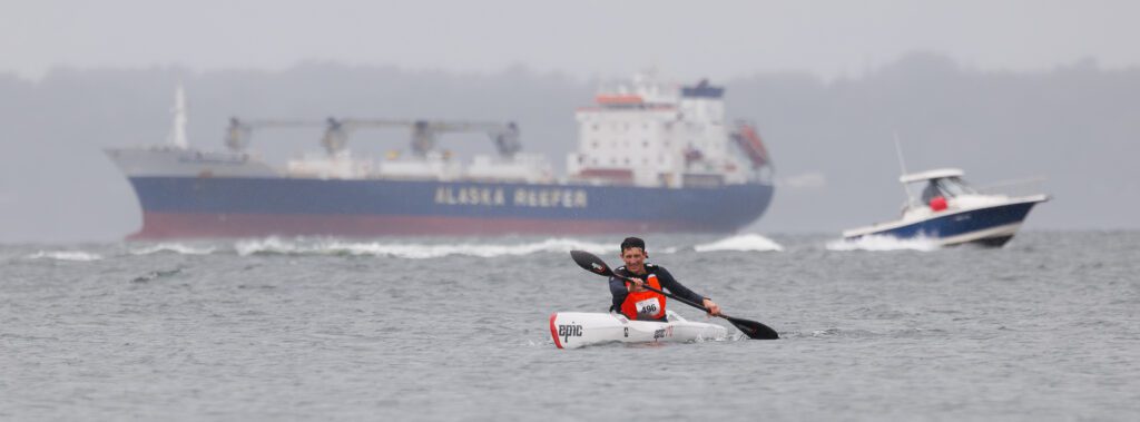 Phil Midler paddles in Bellingham Bay to the finish line of the 2024 Ski To Sea Race on May 26 in Bellingham.