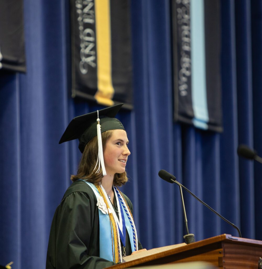 Political science graduate Gabrielle Laipenieks was the student commencement speaker for the 1 p.m. ceremony.