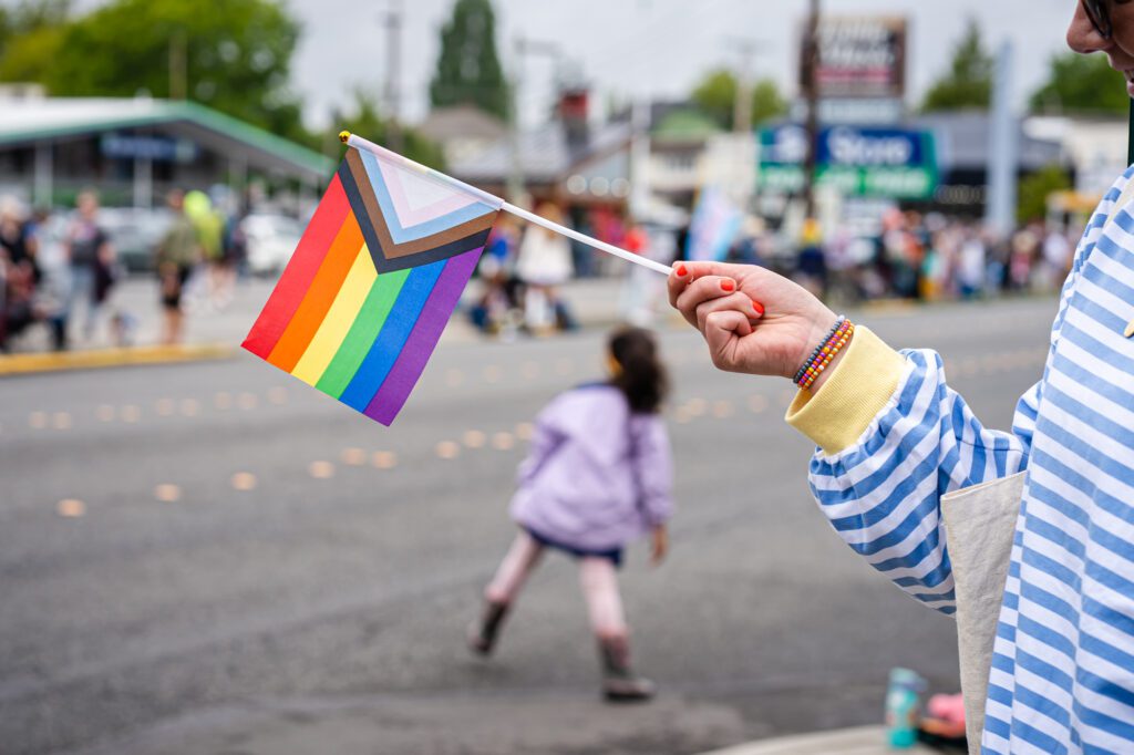 Spectators hold flags and wait for the parade to pass by.